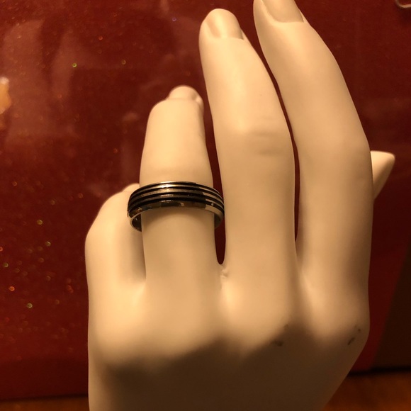 Groom’s Wedding Band; Stainless Steel; Ribbed; Black Inlays - Picture 2 of 6